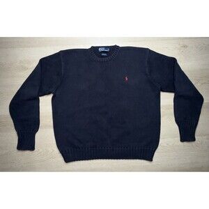 Vintage 90s Polo Ralph Lauren Black Crewneck Sweater Red Pony Large 100% Cotton